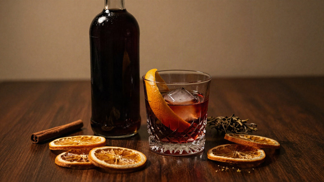 Dark amaro bottle and a crystal rocks glass of bitter Italian liqueur with an orange twist, dried orange slices and a cinnamon stick on a dark walnut bar