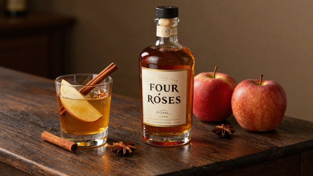 Four Roses Small Batch bourbon with an apple bourbon cocktail, cinnamon stick, red apples and star anise on dark oak