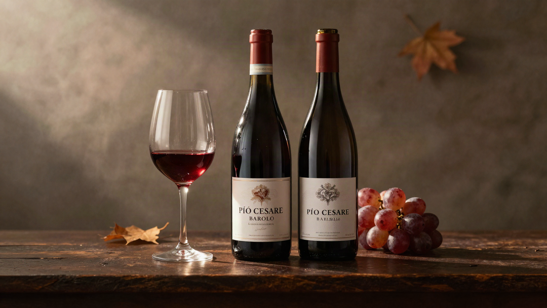 Bottles of Pio Cesare Barolo and Fontanabianca Barbaresco on a dark wood bar with a glass of garnet red Nebbiolo wine, warm side lighting, moody editorial still life