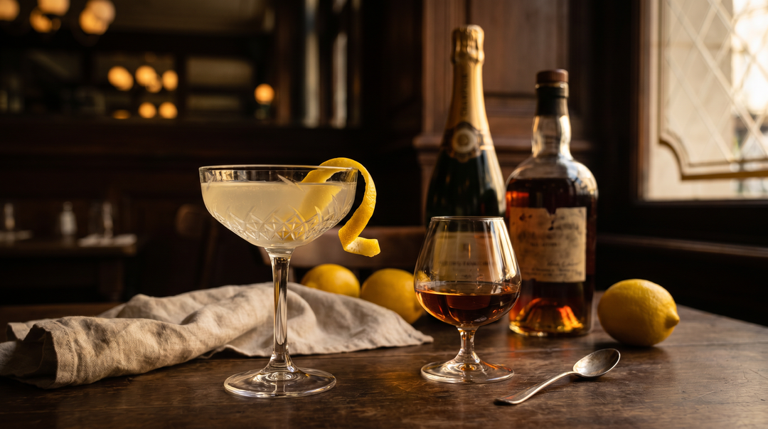 French 75 cocktail in a coupe with a lemon twist beside a glass of cognac and champagne on a dark wood table