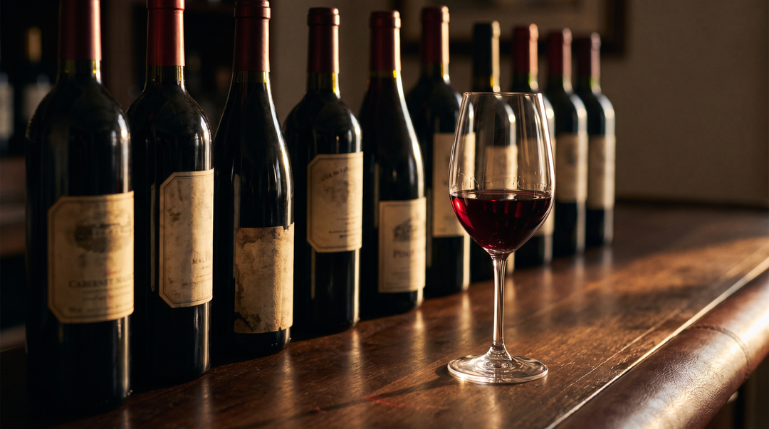 A row of red wine bottles on a dark walnut bar with a glass of deep ruby red wine lit by warm side light