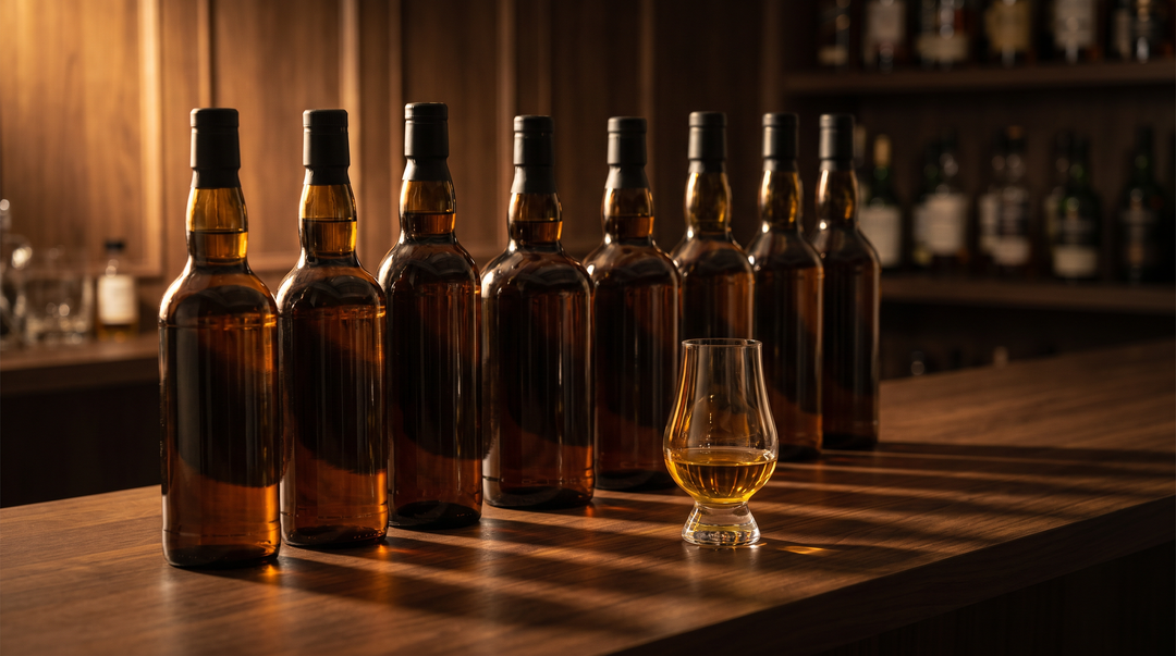 Eight affordable scotch whisky bottles lined up on a dark walnut bar with a Glencairn glass of golden whisky in the foreground