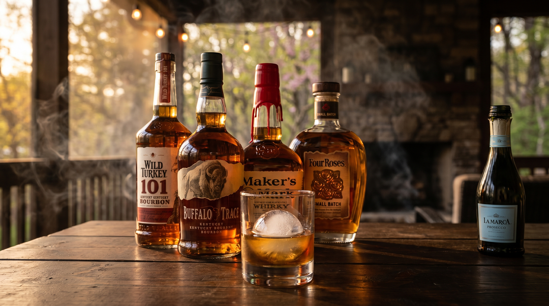 Four premium Kentucky bourbon bottles and a glass of bourbon over a large ice cube on dark wood — Memorial Day Saturday cookout