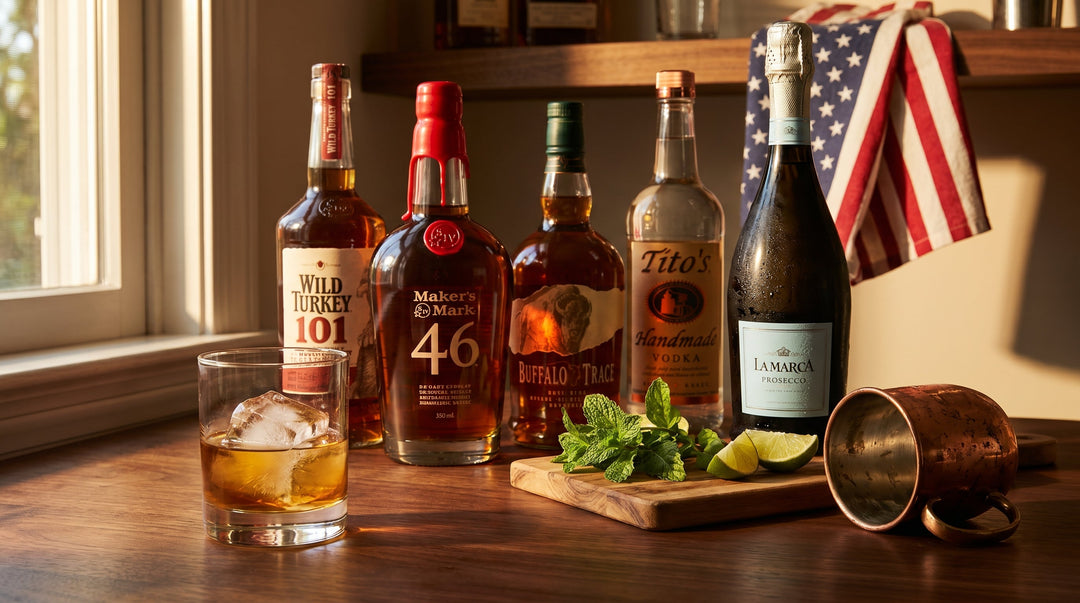 Sunday Memorial Day home bar: Wild Turkey 101, Maker's Mark 46, Buffalo Trace, Tito's, La Marca