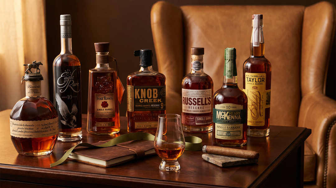 Father's Day single-barrel bourbon gift still life — Blanton's, Eagle Rare 10, Four Roses Single Barrel, Henry McKenna 10 Year on dark mahogany with leather notebook and ribbon
