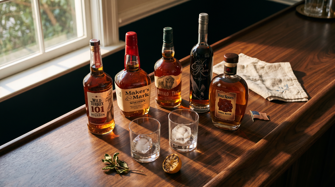 Memorial Day cookout aftermath — empty old fashioned glasses, used bourbon bottles, dark walnut bar