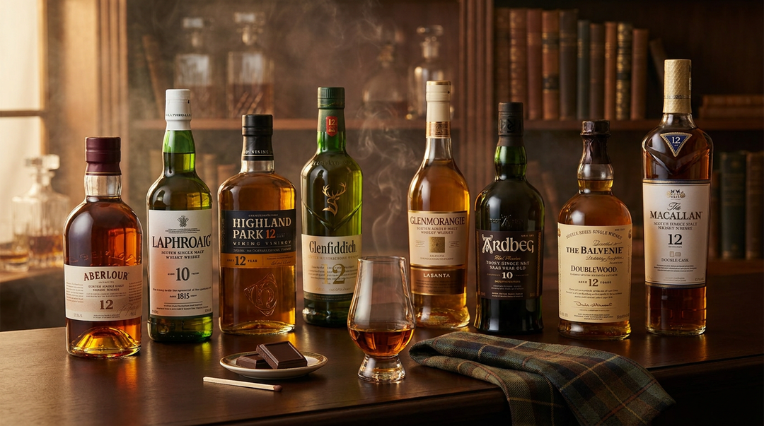 Eight Father's Day single malt Scotch bottles arranged on a mahogany bar with Glencairn glass and chocolate — Bourbon Central Father's Day 2026 Scotch guide