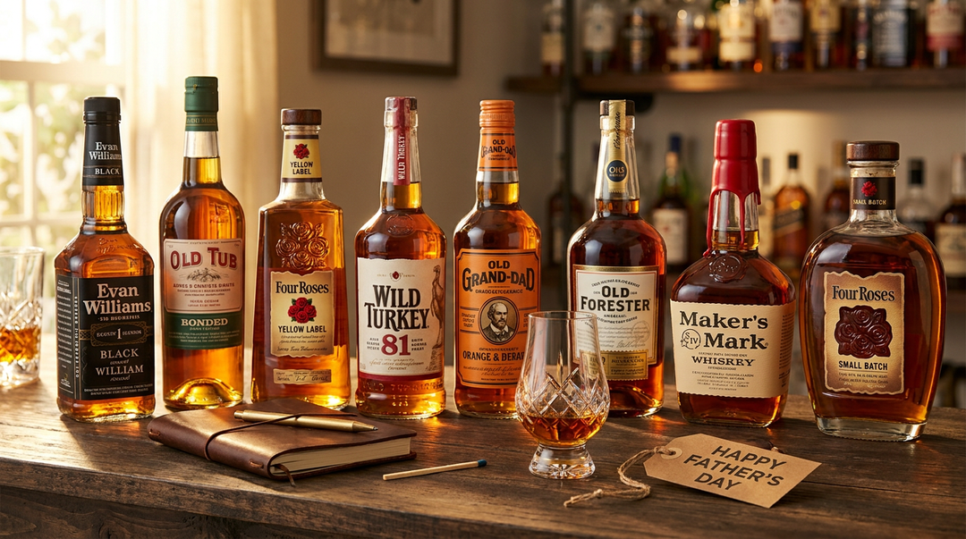 Eight under-$40 bourbon bottles arranged on a dark walnut bar with a Glencairn glass — Bourbon Central Father's Day 2026 first-bottle guide