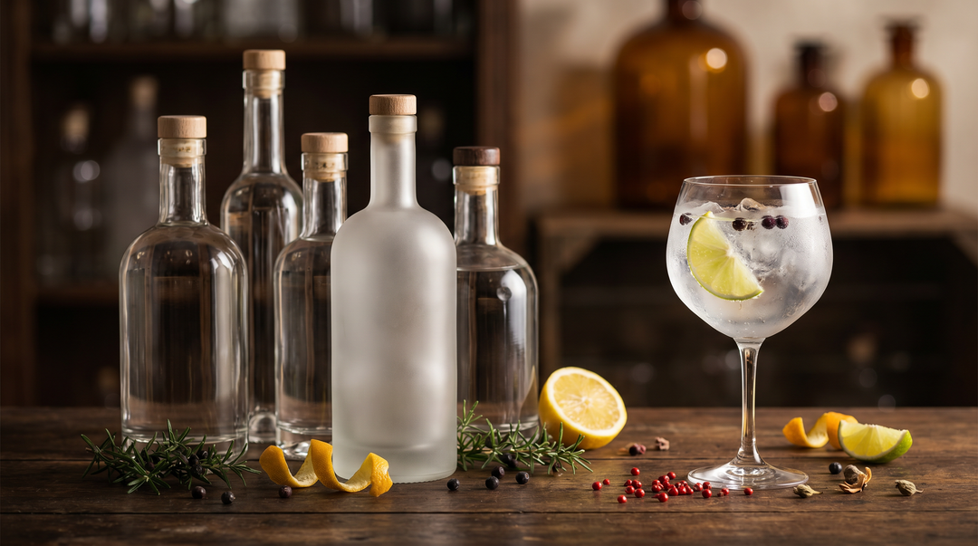 Craft gin bottles, a gin and tonic and botanicals on dark walnut wood, Father's Day and World Gin Day 2026