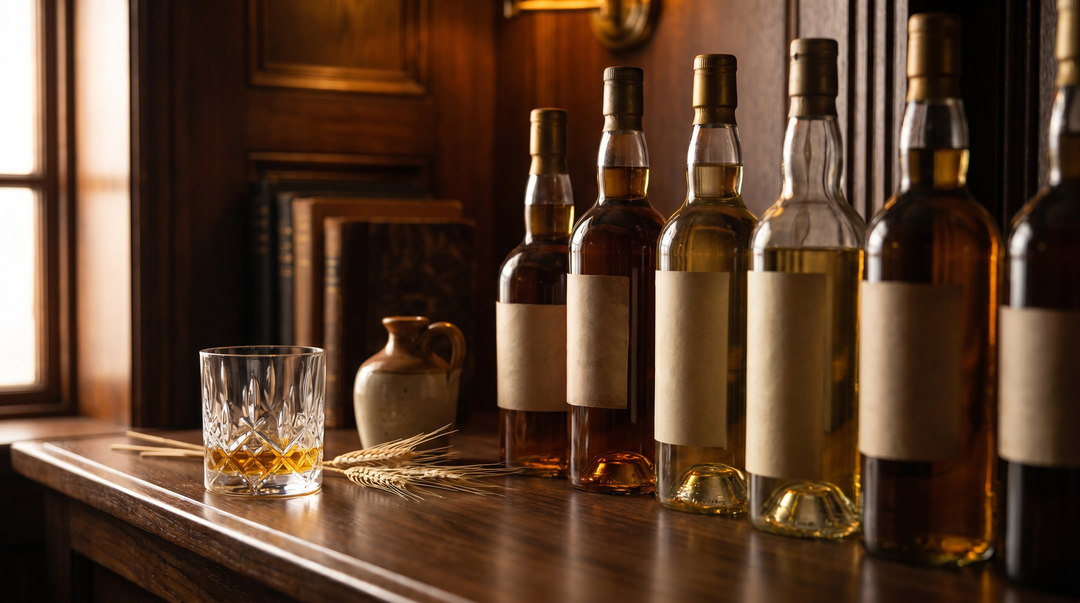 Irish whiskey bottles and a neat pour on dark walnut wood, Father's Day 2026 gift guide