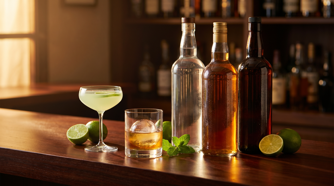 Lineup of white and aged rum bottles with a daiquiri on dark mahogany wood