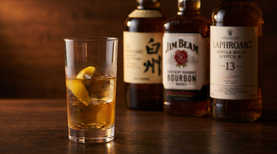 Whisky highball with premium bourbon, Japanese and scotch bottles on dark wood