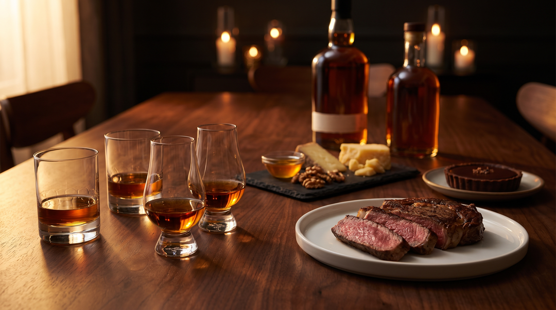 Bourbon glasses set on a dark walnut dining table beside a sliced ribeye, a cheese board and a chocolate tart