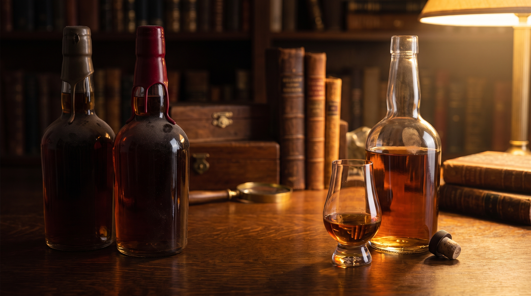 Two sealed bourbon bottles in shadow beside one opened bottle with its cork off and a poured Glencairn glass in warm light