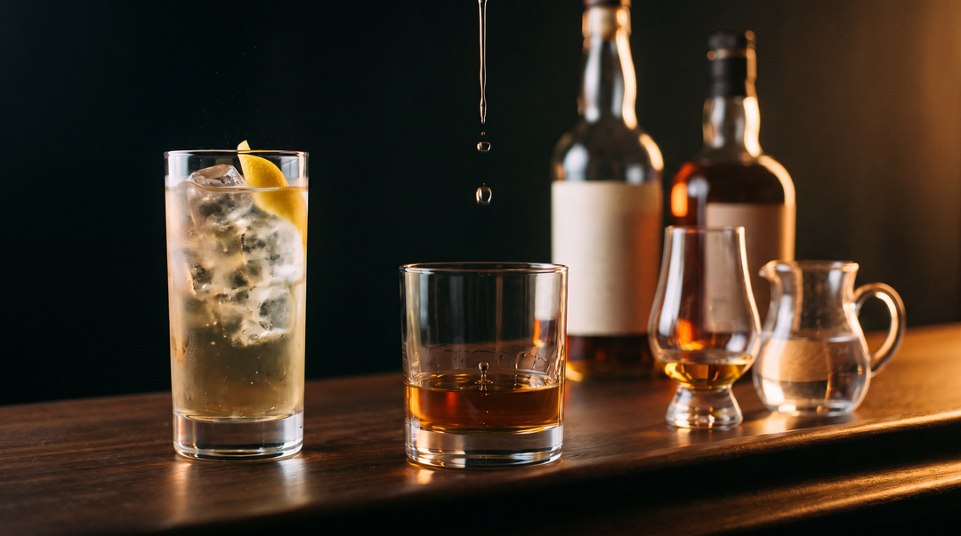 A bourbon highball, a small neat pour with a droplet of water falling into it, and a tasting glass on a dark bar top