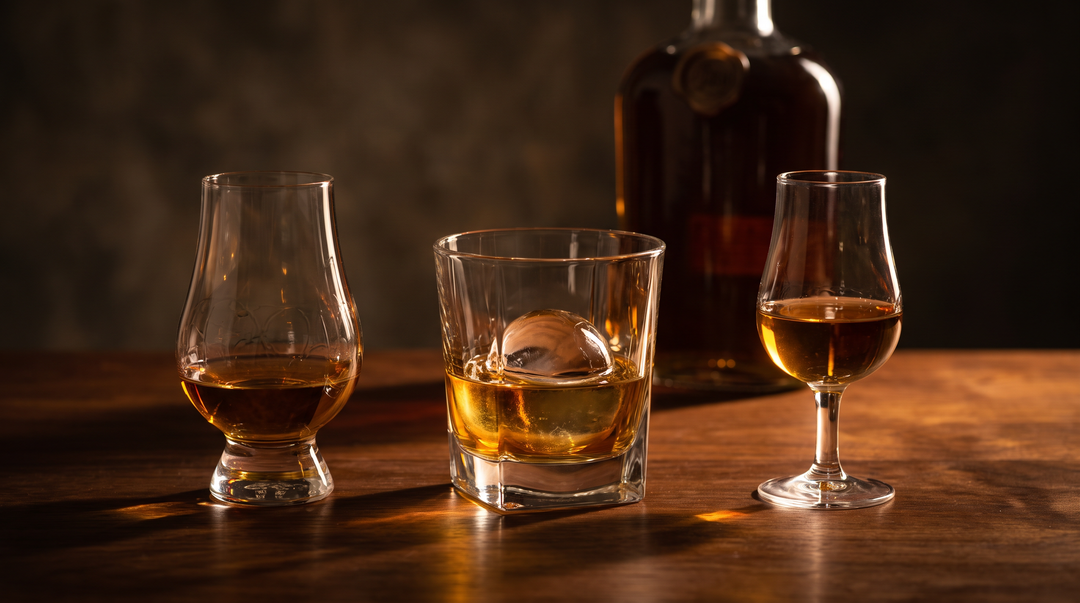 A Glencairn tasting glass, a heavy crystal rocks tumbler with a clear ice sphere, and a stemmed copita on a dark walnut bar in warm side light