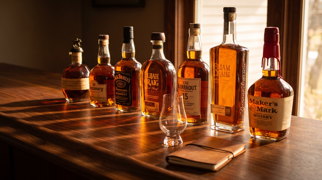 Eight bourbon bottles arranged in ascending order across a dark walnut bar top with a Glencairn glass and tasting notebook