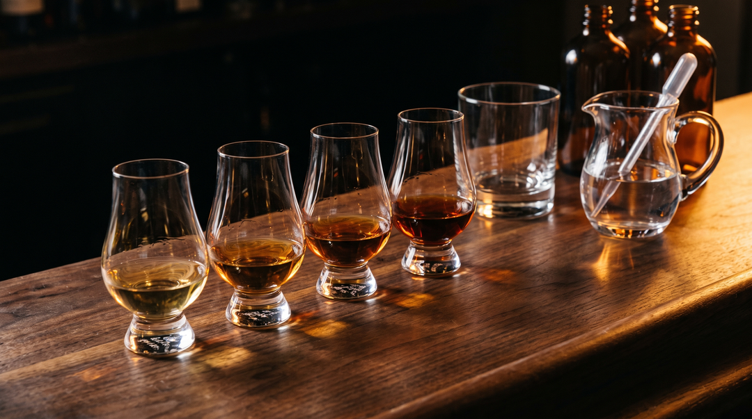 Four Glencairn nosing glasses in a row holding bourbons that graduate from pale gold to deep copper, with a water pitcher and pipette behind them on a dark walnut bar