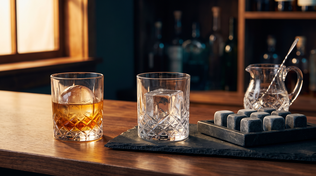 Two rocks glasses of bourbon side by side, one with a large clear ice sphere and one with a large square cube, beside a tray of granite chilling stones and a pitcher of water