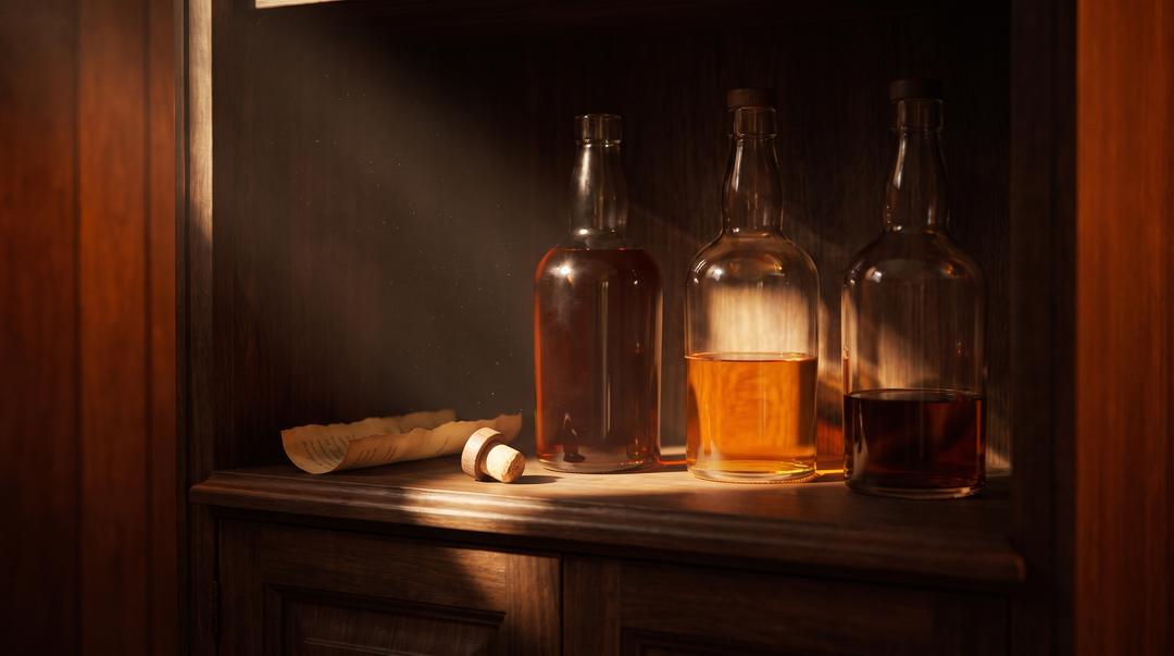 Three bourbon bottles at different fill levels on a dark cabinet shelf, one struck by a shaft of sunlight, with a loose cork beside them