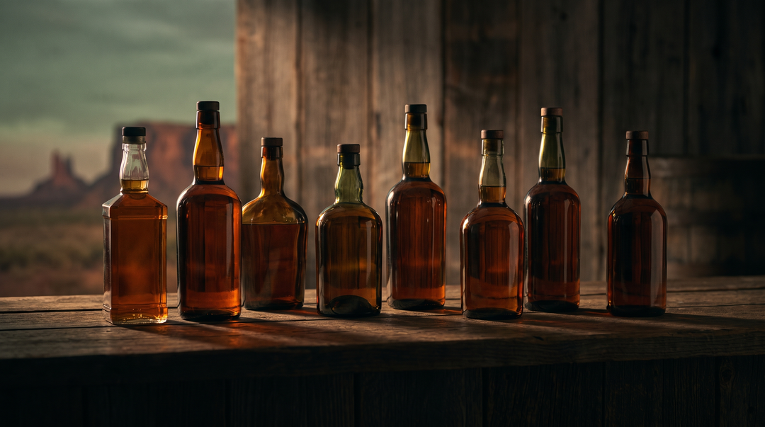 Eight amber American craft bourbon bottles staggered on a dark walnut plank surface against a hazy dusk backdrop of barn wood and open prairie, lit warmly from the side