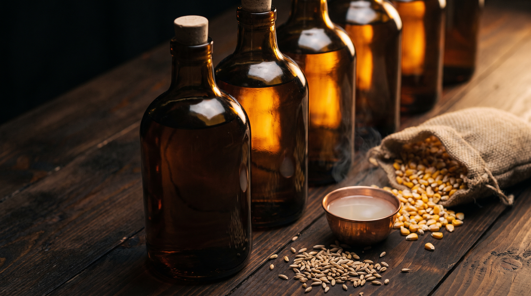 A row of bourbon bottles on dark walnut beside cracked corn, rye and malted barley grains and a copper cup of sour mash backset, lit warmly from the side