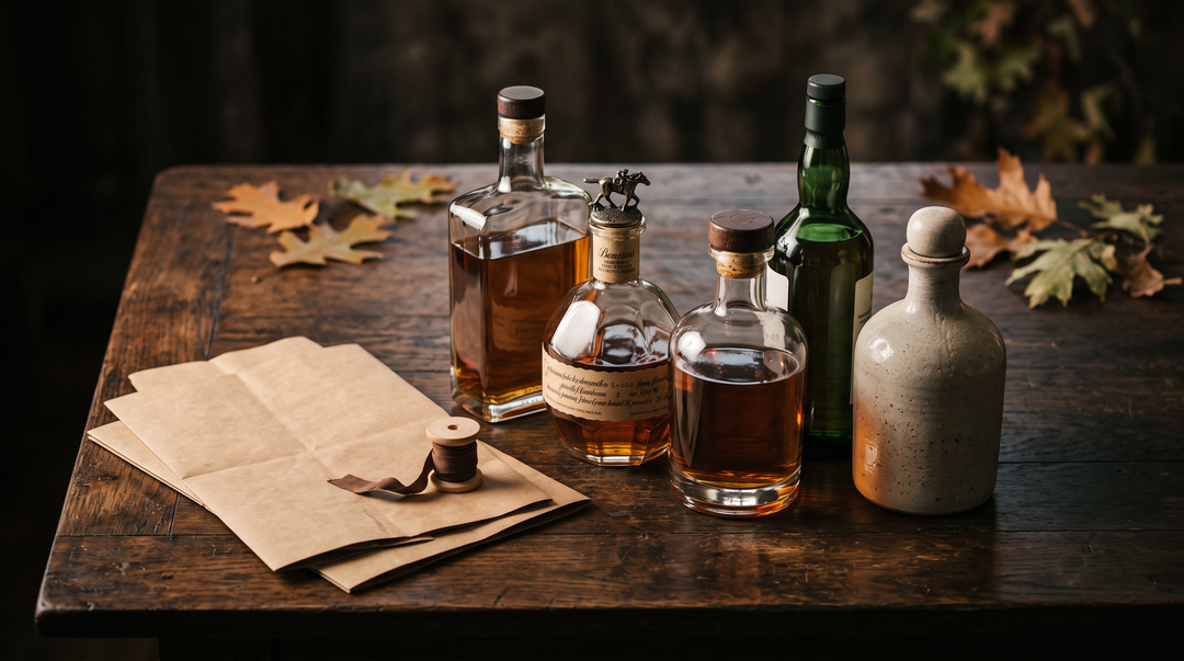 Five premium spirits bottles on a dark oak table beside unassembled kraft gift paper and a spool of ribbon
