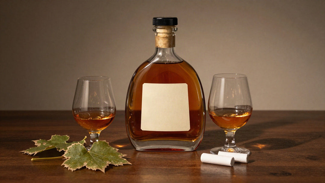 A cognac decanter with a blank label between two tulip glasses, with vine leaves and chalk on dark walnut in warm side light