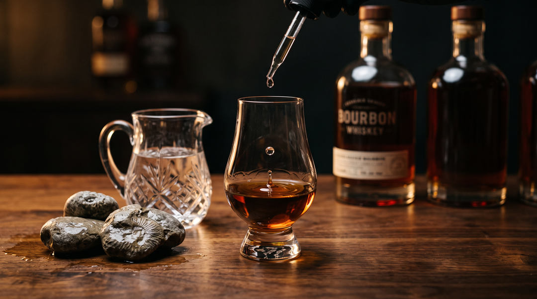 A droplet of water falling into a Glencairn glass of bourbon beside limestone rocks and a pitcher of spring water