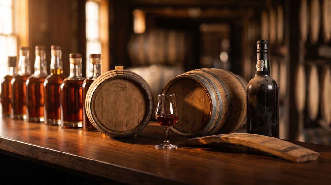 Bourbon bottles and a copita glass of amber whiskey on a dark walnut bar top beside wine cask staves, lit from the side in a dim rickhouse