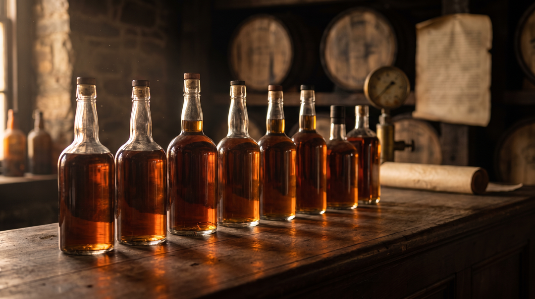 Eight classic American bourbon bottles arranged on aged dark walnut in a warmly lit 19th-century distillery archive