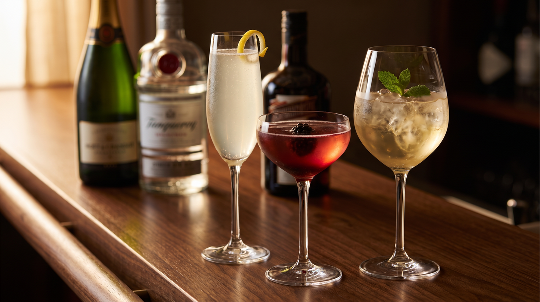 French 75, Kir Royale and St-Germain spritz cocktails on a dark wood bar with Champagne, gin and liqueur bottles