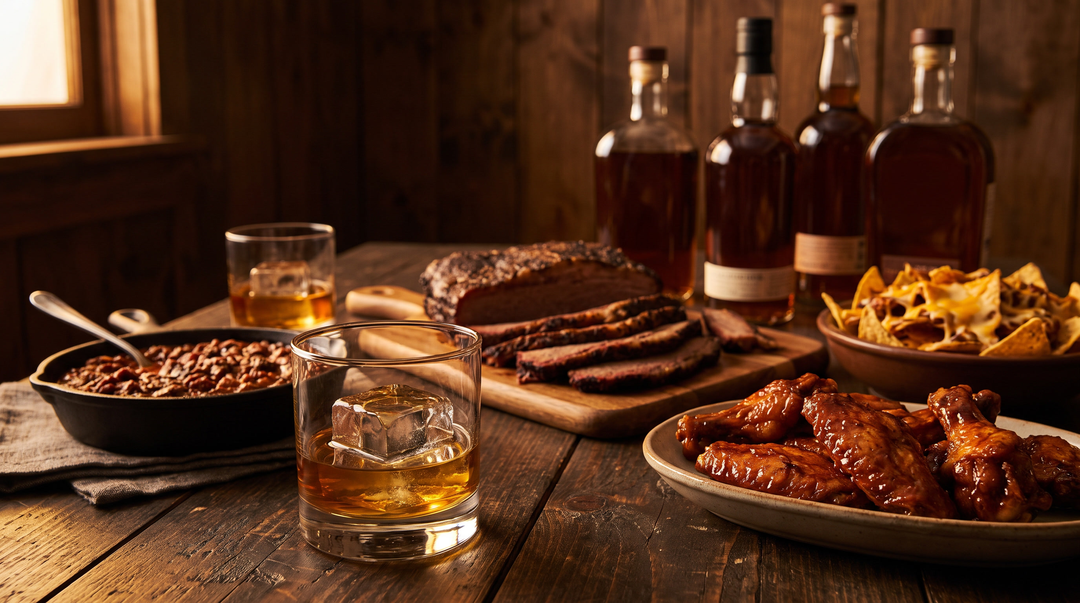 A game-day spread of bourbon bottles, rocks glasses over clear ice, wings, brisket, chili and nachos on a dark wood table under warm side lighting