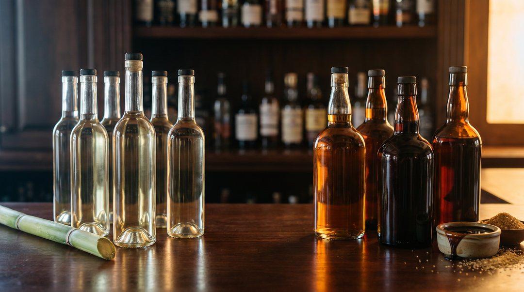 Grassy rhum agricole bottles with fresh sugarcane beside richer molasses rum bottles and a dish of molasses on a dark-wood surface