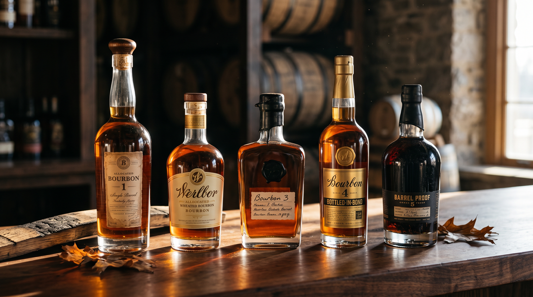 Five allocated Kentucky bourbon bottles on a dark walnut bar top with dried oak leaves and a charred barrel stave in warm autumn light