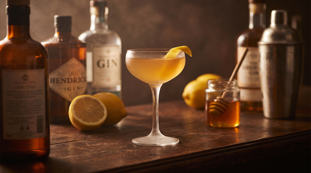 A golden Bee's Knees gin cocktail in a coupe glass with a lemon twist beside premium gin bottles, fresh lemons and a jar of honey on a dark wood bar