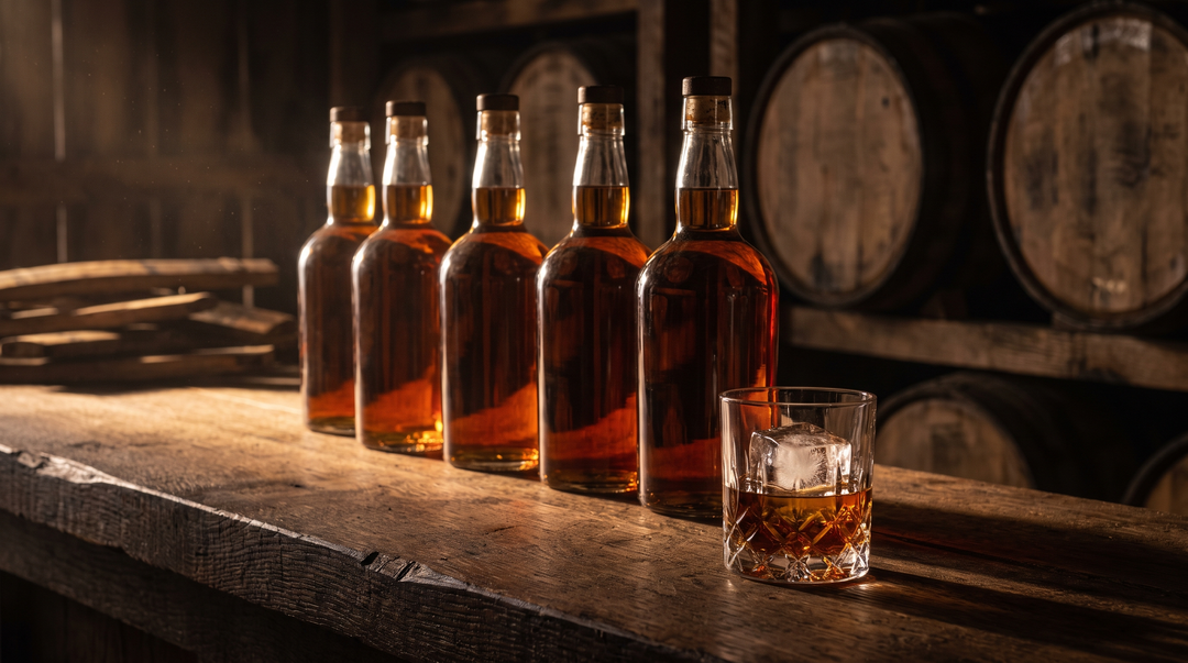 Kentucky bourbon bottles in a historic rickhouse