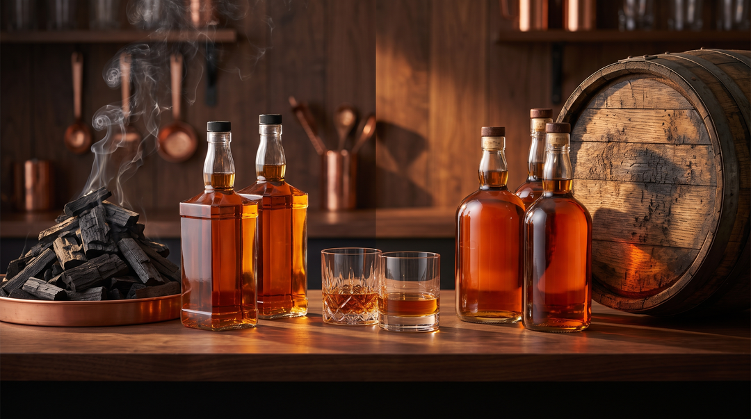 Tennessee whiskey and Kentucky bourbon bottles side by side