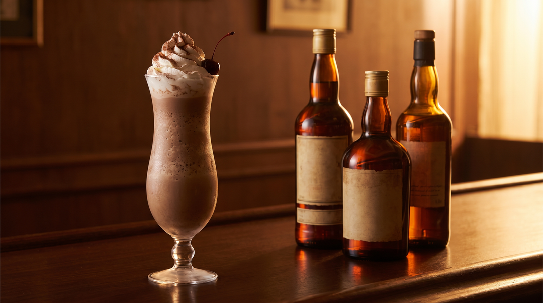 A frozen Bushwacker cocktail topped with whipped cream and a cherry beside dark and aged rum bottles on a dark-wood Gulf Coast bar