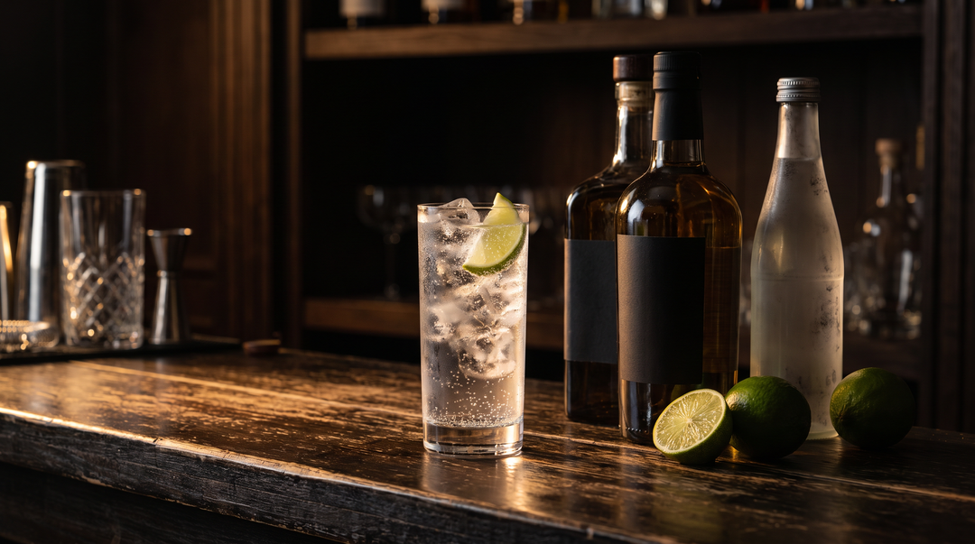 A cantarito cocktail in a clay cup with a Tajin rim and citrus wheels beside blanco tequila bottles and fresh limes, grapefruit and oranges on a dark wood bar