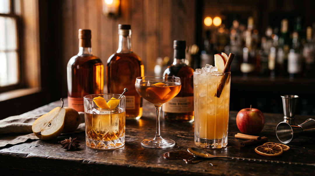 An autumn whiskey cocktail spread on dark wood with an Old Fashioned, a stirred coupe, an apple cider highball, pear, cinnamon and star anise