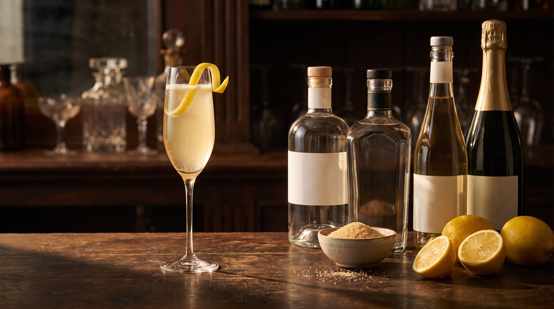 A French 75 cocktail in a champagne flute with a lemon twist beside eight premium gin bottles and a bottle of sparkling wine with fresh lemons on a dark wood bar