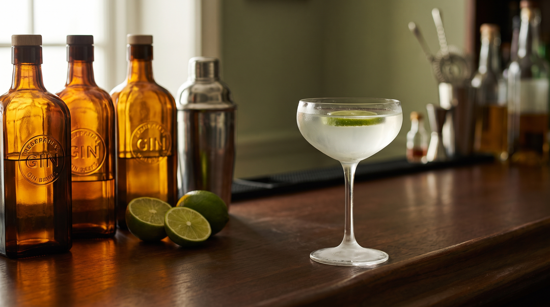 A chilled gimlet cocktail in a coupe glass with a lime wheel beside premium gin bottles and fresh limes on a dark wood bar