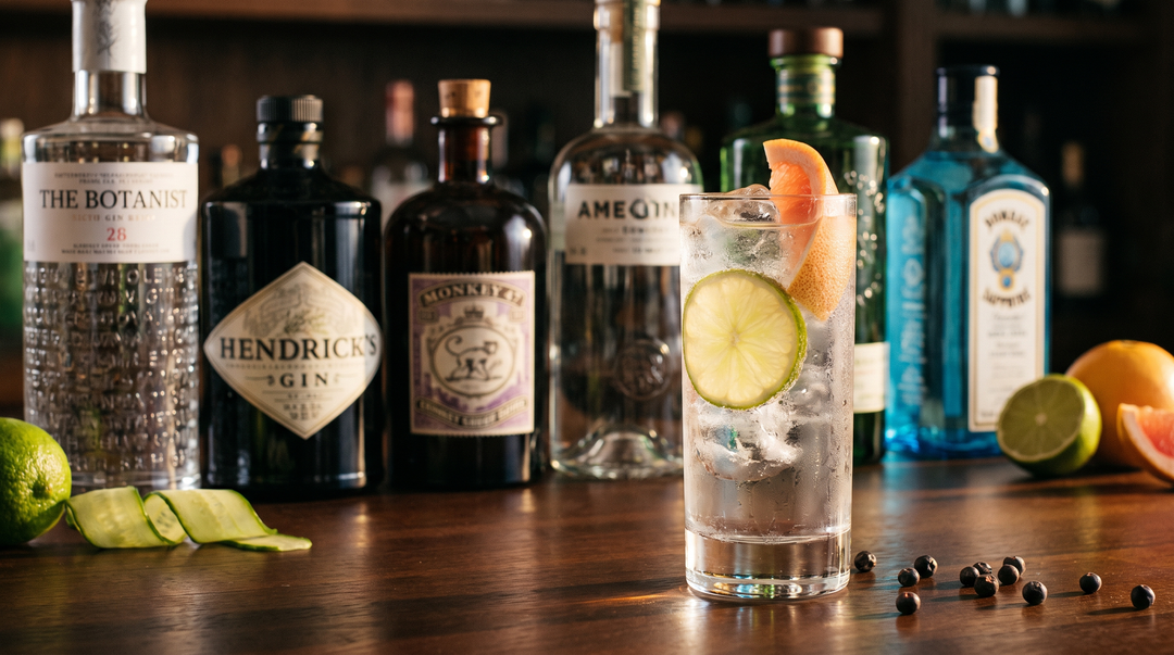 A perfect gin and tonic in a tall glass with ice, lime and pink grapefruit garnish, with premium gin bottles behind it on a dark wood bar