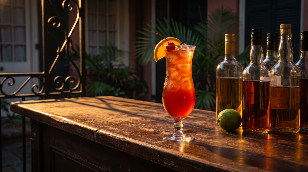 A New Orleans Hurricane cocktail glowing red-orange in a tall curved hurricane glass with an orange wheel and cherry, beside light-to-dark rum bottles on a dark wood bar