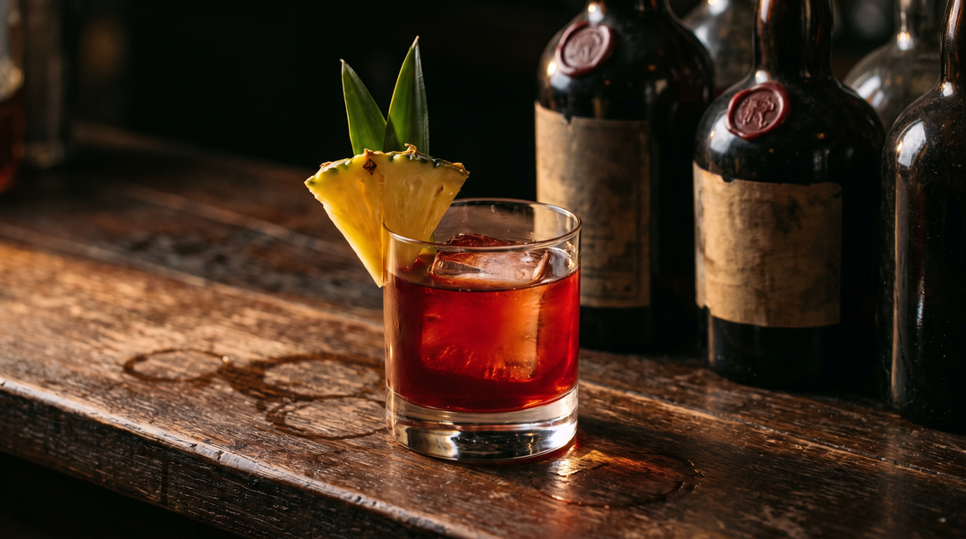 A ruby-red Jungle Bird cocktail in a rocks glass over a large ice cube with a fanned pineapple garnish, beside rich dark and aged rum bottles on a dark-wood bar