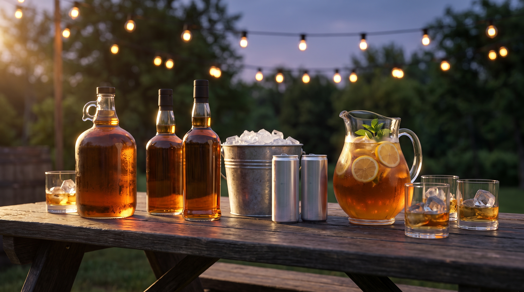 A backyard picnic table at dusk with bourbon bottles, an ice bucket, canned cocktails and a pitcher of whiskey punch, string lights glowing behind