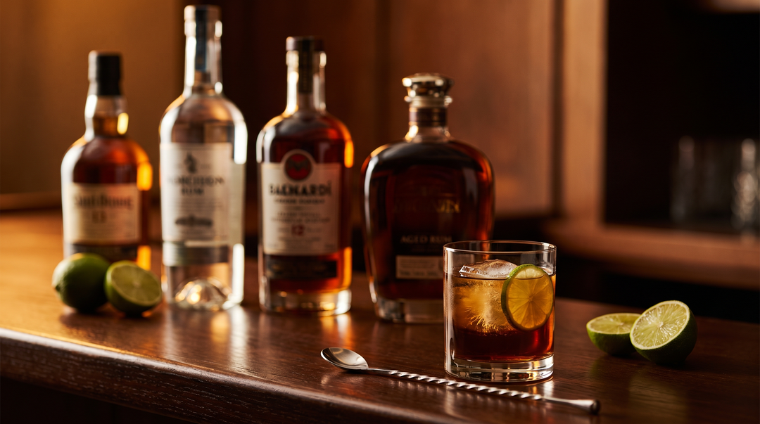 A curated lineup of white, gold, dark and aged rum bottles with a cocktail on a dark-wood bar, ready for National Rum Day
