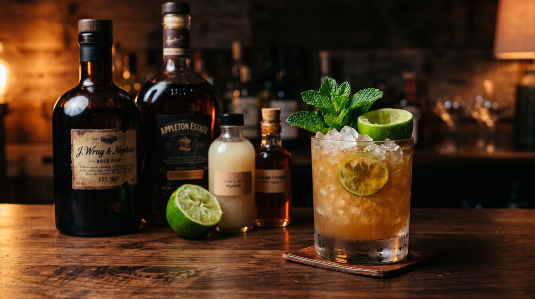 A classic Mai Tai tiki cocktail over crushed ice with a mint sprig and lime shell, beside premium aged rum bottles and a fresh lime on a dark wood bar