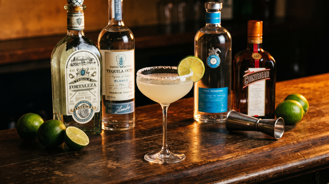 A classic margarita in a salt-rimmed coupe with a lime wheel beside premium blanco tequila bottles and fresh limes on a dark wood bar
